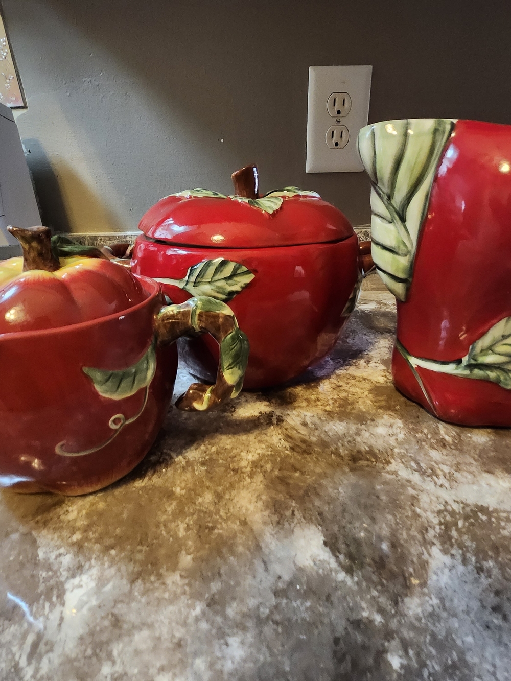 Source Unknown Red Apple Ceramic Sugar Bowl and Mug Set with Green Leaf Accents